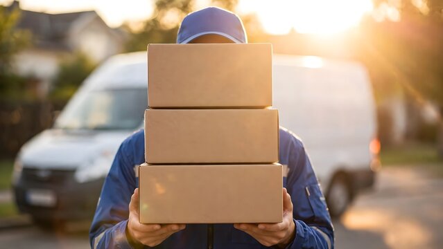 Delivery person holding a stack of cardboard boxes