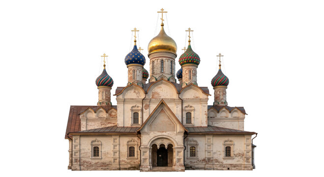 Stunning Russian Orthodox church with colorful onion domes isolated on a white background