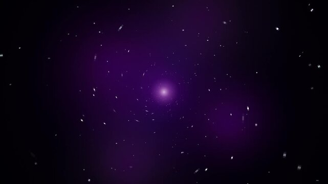 Purple space nebula background with floating light particles moving in dark infinite galaxy void.