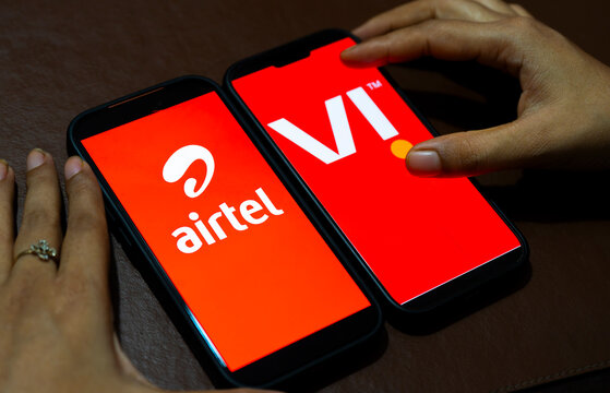 In this photo illustration, Airtel and Vodafone Idea (Vi) logos are displayed in India on 23 September 2026.