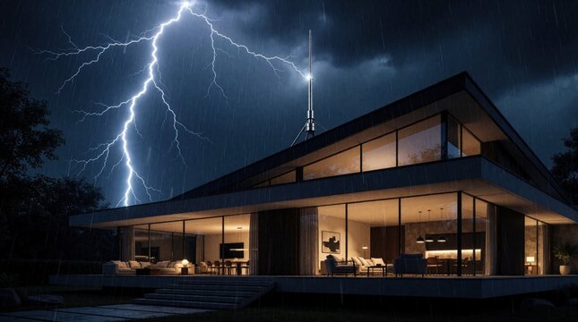 Lightning rod on modern house roof during severe thunderstorm. Heavy rain falls as bright lightning strikes near structure, protective engineering. Safety against electric discharge evident.