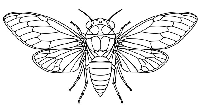 Black outline vector icon of a cicada viewed from above with spread veined forewings and hindwings segmented abdomen and six legs rendered with medium crisp lines in symmetric frontal arrangement