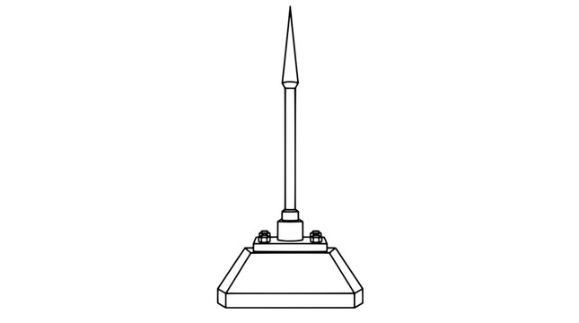 Black outline vector icon of a pointed lightning rod with slender shaft collar mount and heavy bolted square trapezoid base drawn with bold straight lines in centered upright symmetrical design