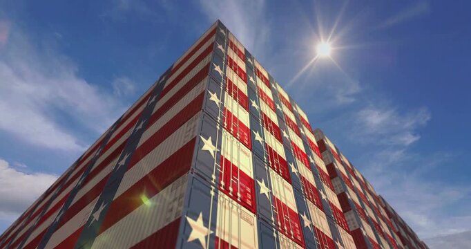 Texas USA export production and import cargo containers in port terminal business concept. Shipping box with Texas flag. Sky and sun time lapse.