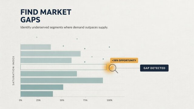 A business chart illustrating market gaps and opportunities with a magnifying glass. Perfect for conceptualizing business strategy and competitive analysis reports.