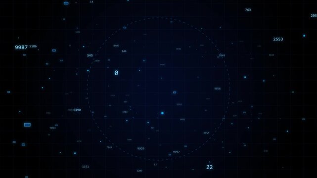 Digital data stream flowing across dark cyber space with abstract numeric values animation.