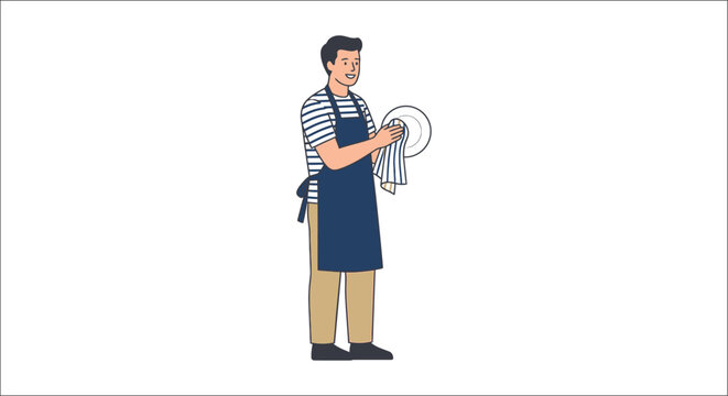 A man wearing an apron is drying a white plate with a cloth vector illustration attentive cleaning domestic