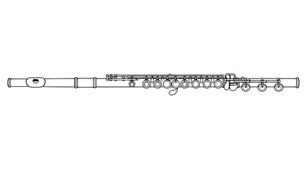 Line art illustration of a long transverse silver flute with mouthpiece hole and a row of round keys and rods rendered in thin precise outlines and aligned horizontally for elegant musical balance © Olivia