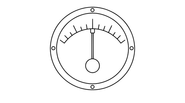 Monoline vector icon of a round ship inclinometer gauge with hanging pendulum weight and curved tick scale rendered in thin black lines and centered to highlight precise nautical measurement