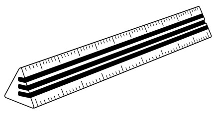 Fototapeta premium Black outline vector icon of a triangular scale ruler with red green and blue lengthwise grooves and ticked faces drawn with bold outlines in diagonal layout highlighting three colored edges