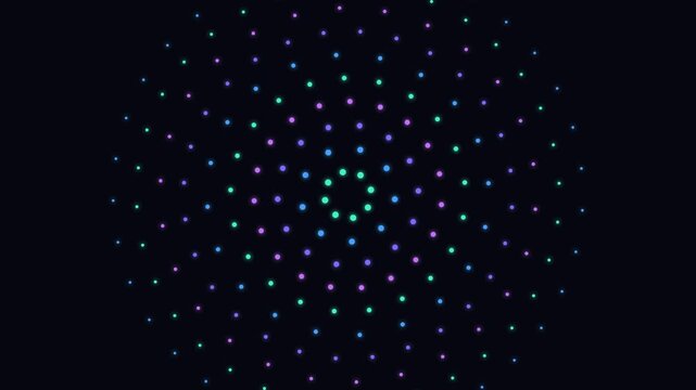 Glowing colorful dots in radial pattern rotating on black background
