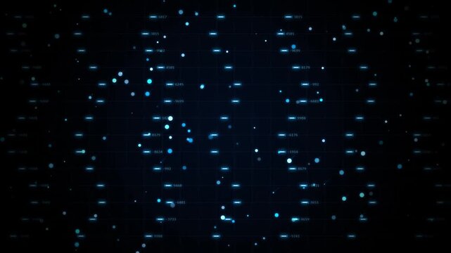Abstract data processing on dark background with blue glowing lines and floating particles, seamless loop.