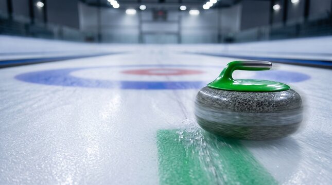 Ice level view of a green curling stone in motion