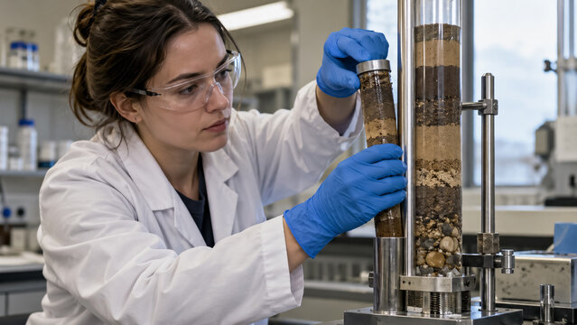 Female scientist extracting soil core sample in laboratory for geotechnical analysis. Concept of subsurface sampling, laboratory technician, soil testing, lab research.