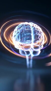 Futuristic glowing digital brain with neon light trails visualizes artificial intelligence and neural networks. Abstract technology concept art highlights innovation and scientific progress