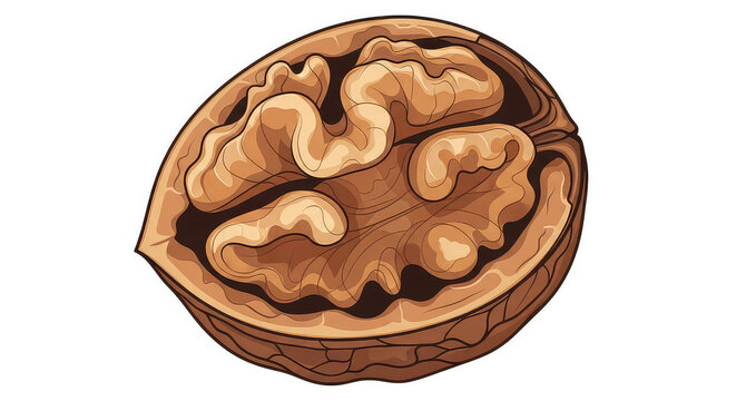 Single open walnut half isolated on white background