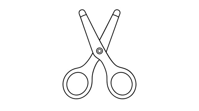 Bold black outline vector icon of small safety scissors with blunt rounded tips, crossed blades, central pivot rivet and large circular finger handles drawn in symmetrical open position facing upward