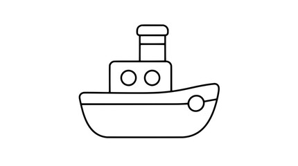Bold black outline vector icon of a toy tugboat with rounded hull side stripe circular bow fender wheelhouse with two portholes and smokestack rendered in thick clean curves in centered side profile © Morgan