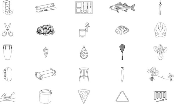 Set of 25 black outline vector icons with striped bass, conga drum, pizza slice, scissors, candle, bok choy, stool, bell and assorted mixed everyday objects isolated on white background