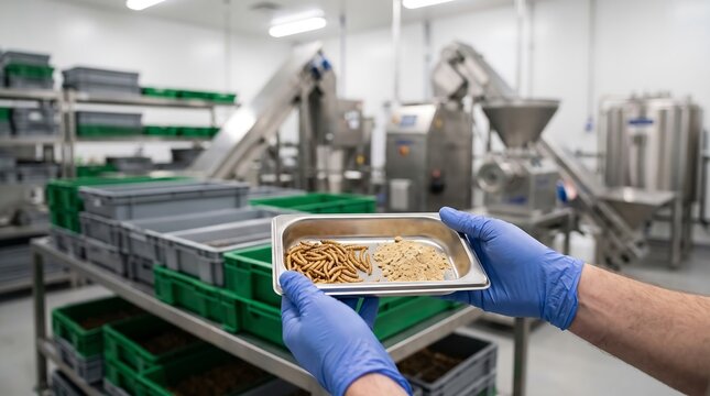 Worker in blue gloves holding a tray of edible mealworm larvae in a food processing facility