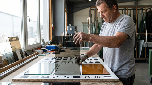 Glazier inspecting tinted glass pane transparency and quality on optical test pattern in workshop. Concept of glass manufacturing, quality control, glass factory, inspection, craftsman.