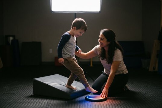 Pediatric Physical Therapist Helping Little Boy with Balance Exercises on Sensory Light Pod in Clinic