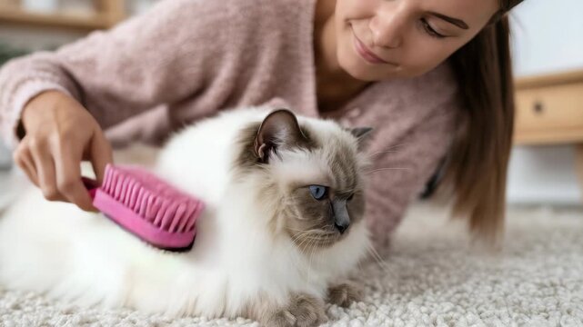 Young woman gently brushes a fluffy Ragdoll cat with a pink grooming brush while relaxing together on a soft carpet at home. Cozy pet care routine in a modern living room setting