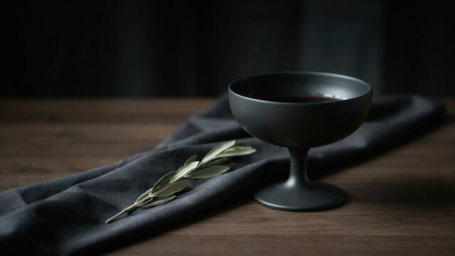 A black ceramic goblet with red wine sits on a rustic wooden table next to an olive sprig. Ideal for minimalist Mediterranean food and lifestyle advertisements.