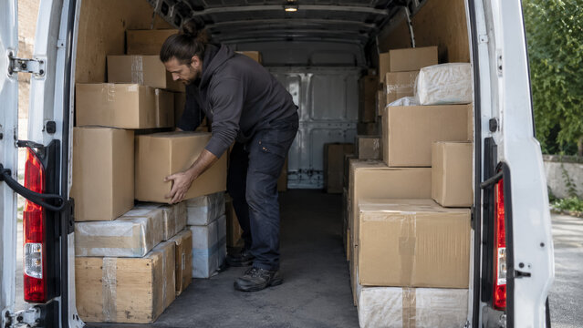 Male Courier Loading Cardboard Parcel Boxes into Cargo Van Trunk. Concept of loader, packages, delivery van, delivery man, logistics.