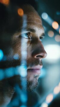 Close up portrait of a thoughtful man looking through glass with futuristic reflections and bokeh lights. Modern technology and innovation concepts are visually represented in this image