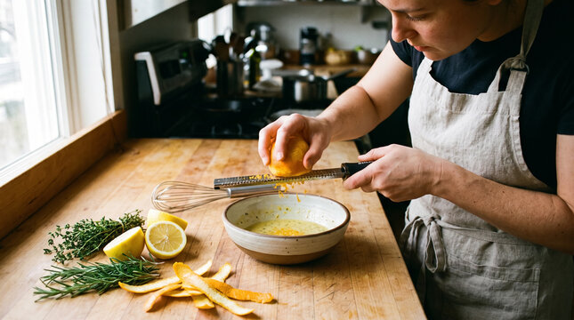 Woman chef zests fresh citrus fruit with grater into bowl preparing homemade salad dressing on wooden kitchen counter. Concept of lemon zest, grating zest, citrus zester, cooking process.
