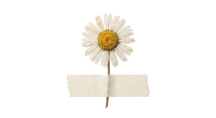 Fototapeta premium A single pressed daisy flower attached to a white background with a strip of textured masking tape