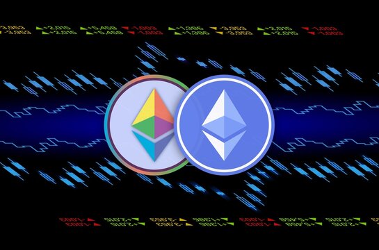 Image of ethereum-eth virtual currency on digital background. 3D drawings.