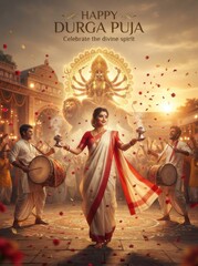Fototapeta premium Happy durga puja celebration with a woman performing dhunuchi dance, traditional drummers, and a divine glowing goddess durga idol in the background at sunset