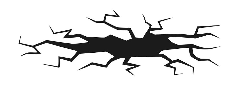 Black ground crack surface fracture silhouette illustration. Broken earth split damage effect with jagged lines for disaster and earthquake design. Isolated flat vector illustration on white 