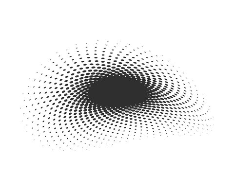Abstract halftone dot spiral vortex tunnel effect illustration. Black and white radial swirl pattern with gradient dots for modern pop art design. Isolated flat vector illustration on white background