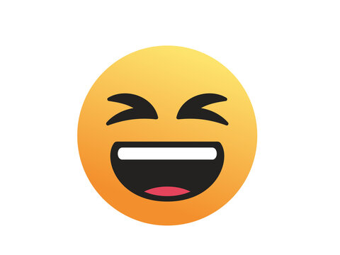 Laughing grinning emoji face with closed eyes and big smile. Yellow gradient happy smiley emoticon with teeth for social media and chat reaction. Isolated round vector illustration on white background