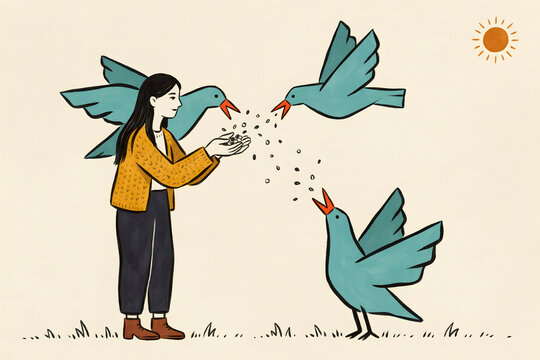 A young woman with long dark hair wearing a yellow cardigan feeding seeds to three blue birds in a flat style on beige