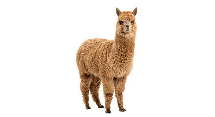 Naklejka premium Full body portrait of a fluffy brown alpaca standing isolated against a clean white background