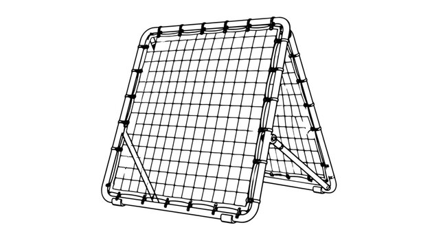 Black outline line art illustration of a double sided soccer rebounder with tubular frame grid netting and diagonal braces drawn in thin lines in angled perspective emphasizing training purpose