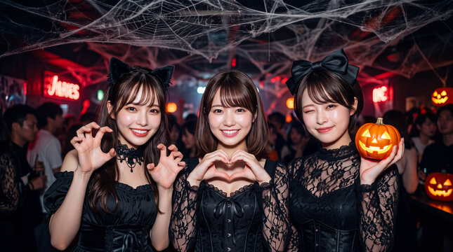 ハロウィンイベントで黒のドレスと猫耳の仮装を楽し有む若い女性3人（コスプレ・パーティー・秋イベント）