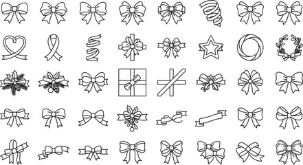 Obraz premium Christmas Bow and Ribbon Collection with Gift Wrapping Bows, Decorative Ribbons, Ornaments, Garlands and Festive Line Art Illustrations