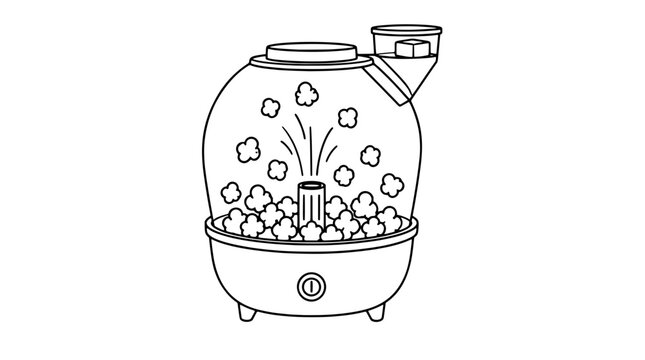 Black outline vector icon of a hot air popcorn popper with domed chamber and side chute plus popped corn pile drawn with thin lines in centered composition capturing fresh snack preparation