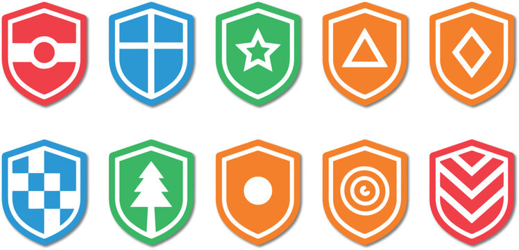 Collection of colorful heraldic shields with various symbols and designs