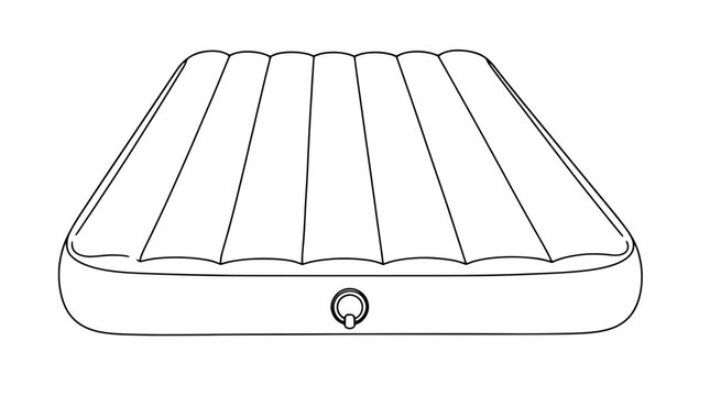 Black outline vector icon of an inflatable camping air mattress with long baffles, rounded corners and front air valve drawn with medium black lines in angled overhead composition conveying comfort