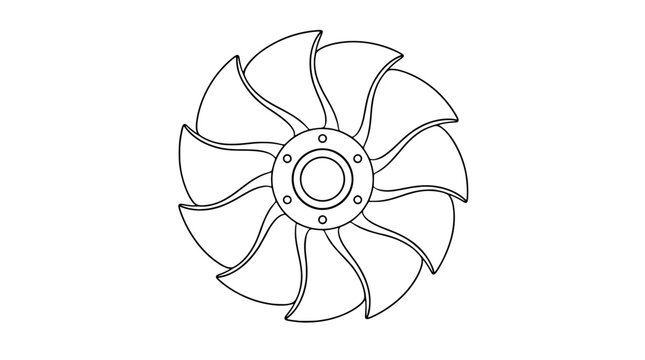 Black outline vector icon of a circular impeller with a set of curved blades around a bolted hub drawn with thin lines in symmetrical top view conveying clear steady mechanical motion