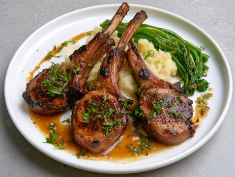 Grilled lamb chops with mashed potatoes and broccolini