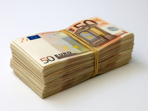 Stack of 50 euro banknotes wrapped with rubber band