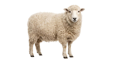 Obraz premium A fluffy white sheep standing isolated against a clean white background for studio photography
