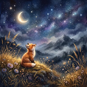 Little fox sits peacefully on a grassy hilltop observing the bright crescent moon and sparkling stars in a dark majestic blue night sky during autumn